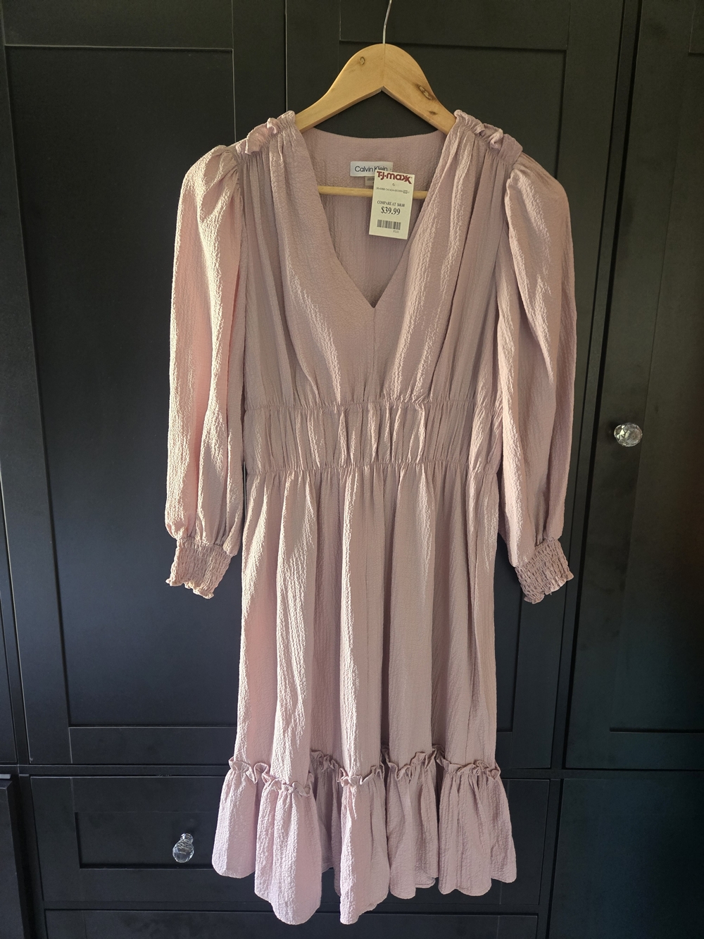 Calvin Klein Dusty Rose V-Neck Smocked-Waist Ruffle Midi Dress